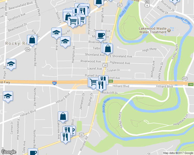 map of restaurants, bars, coffee shops, grocery stores, and more near 19347 Purnell Avenue in Rocky River