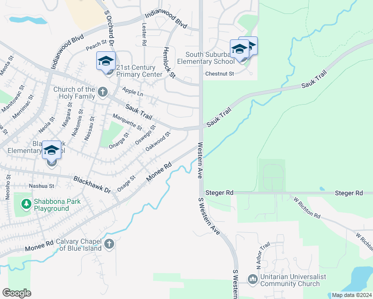 map of restaurants, bars, coffee shops, grocery stores, and more near 10 Monee Road in Park Forest