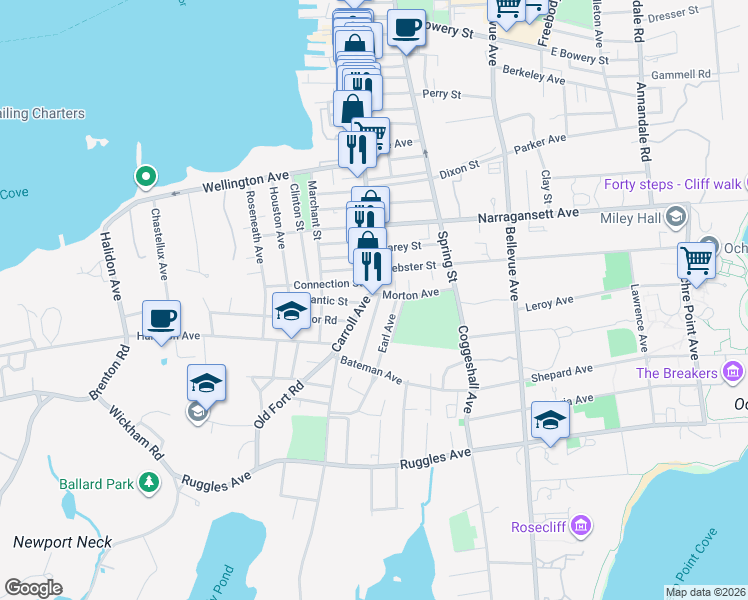 map of restaurants, bars, coffee shops, grocery stores, and more near 2 Carroll Avenue in Newport