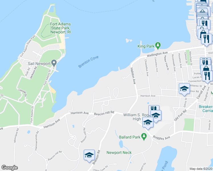 map of restaurants, bars, coffee shops, grocery stores, and more near 111 Harrison Avenue in Newport