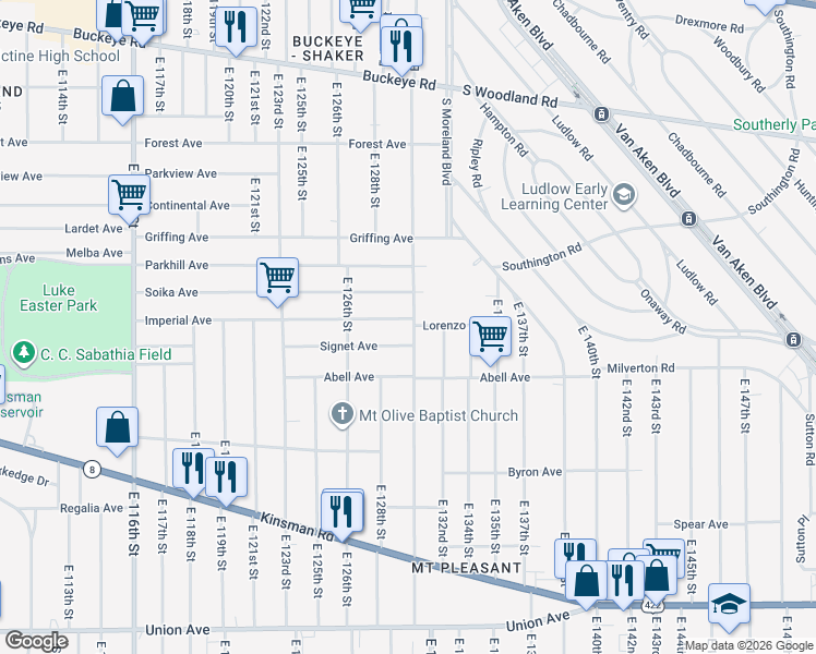 map of restaurants, bars, coffee shops, grocery stores, and more near 12900 Signet Avenue in Cleveland