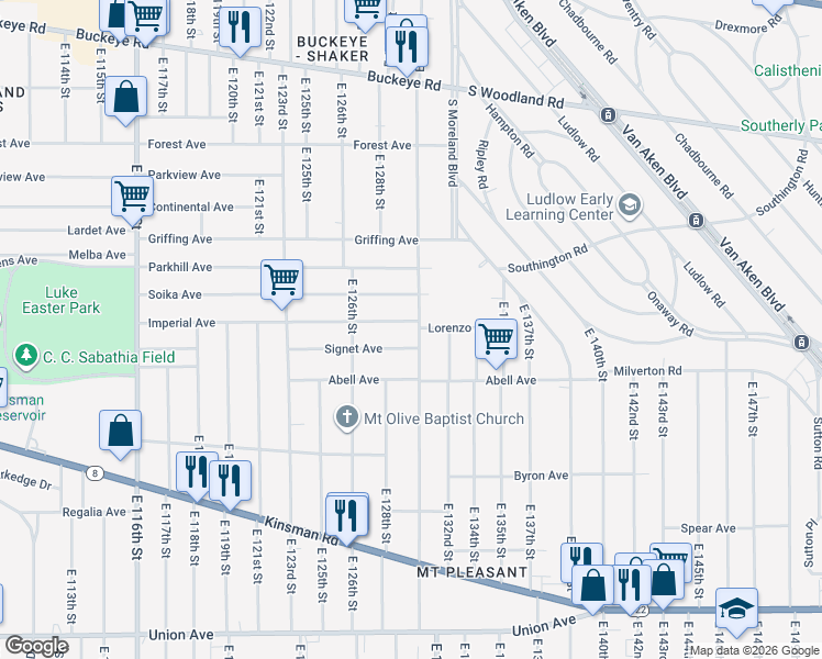 map of restaurants, bars, coffee shops, grocery stores, and more near 12900 Signet Avenue in Cleveland