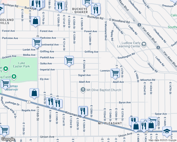 map of restaurants, bars, coffee shops, grocery stores, and more near 12610 Signet Avenue in Cleveland