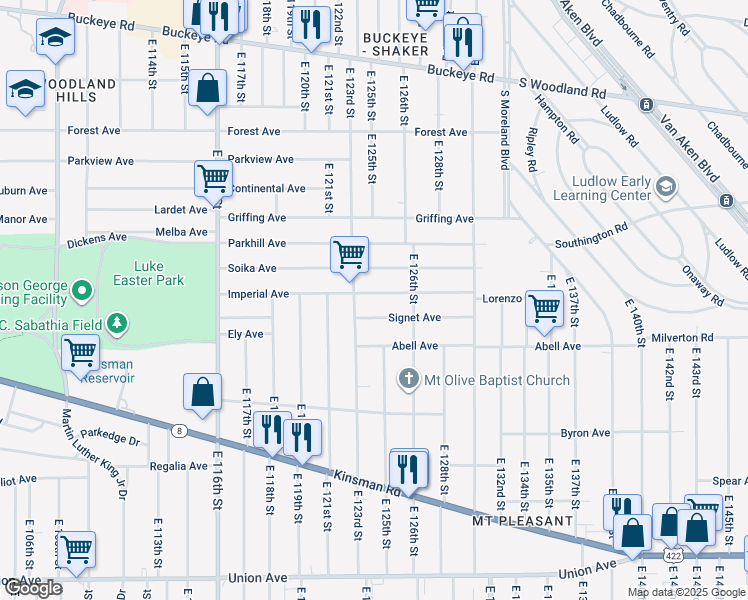 map of restaurants, bars, coffee shops, grocery stores, and more near 12419 Signet Avenue in Cleveland