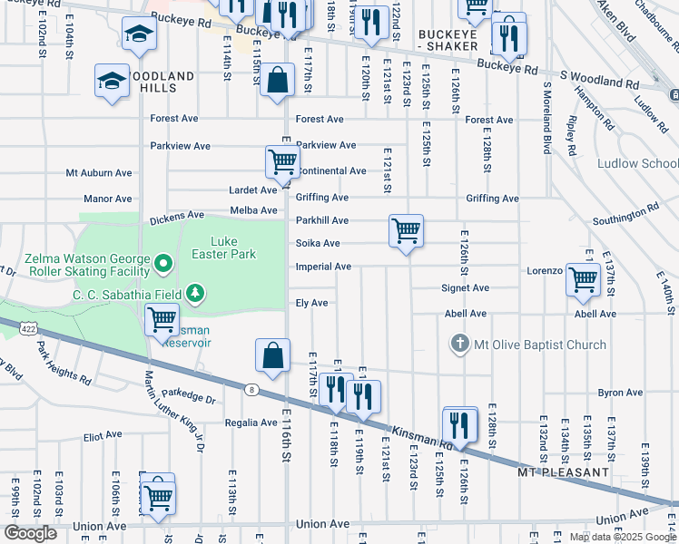 map of restaurants, bars, coffee shops, grocery stores, and more near 3185 East 118th Street in Cleveland