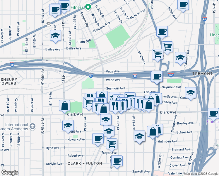 map of restaurants, bars, coffee shops, grocery stores, and more near 3407 Erin Avenue in Cleveland