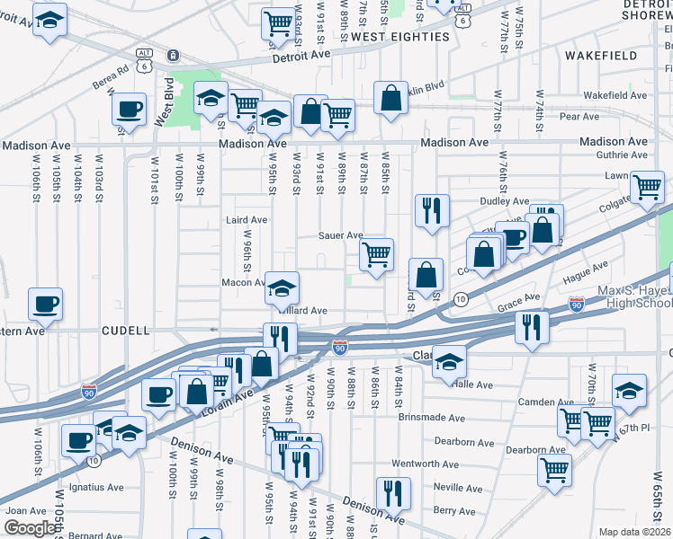 map of restaurants, bars, coffee shops, grocery stores, and more near 8812 Tompkins Avenue in Cleveland