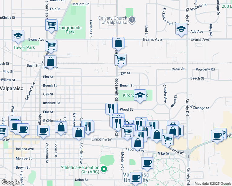 map of restaurants, bars, coffee shops, grocery stores, and more near 1115 Institute Street in Valparaiso