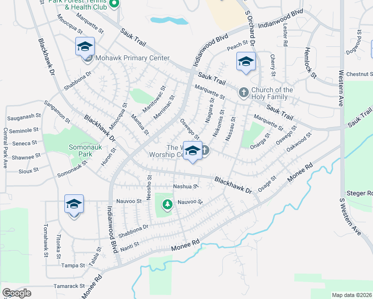 map of restaurants, bars, coffee shops, grocery stores, and more near 130 Blackhawk Drive in Park Forest