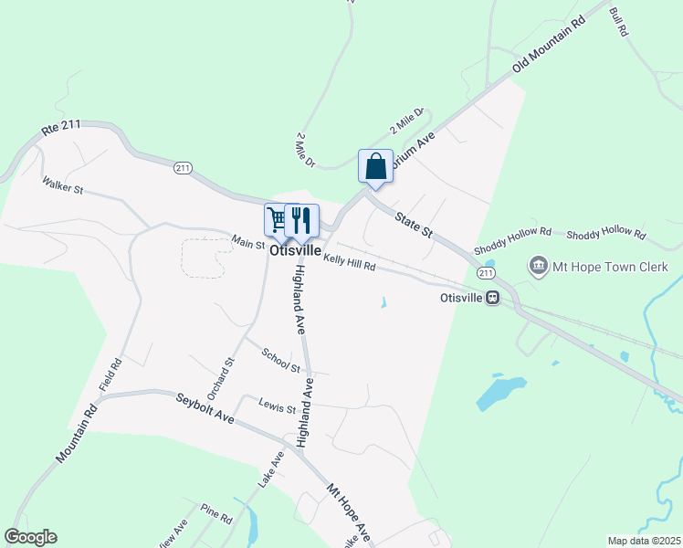 map of restaurants, bars, coffee shops, grocery stores, and more near 37 Highland Avenue in Otisville