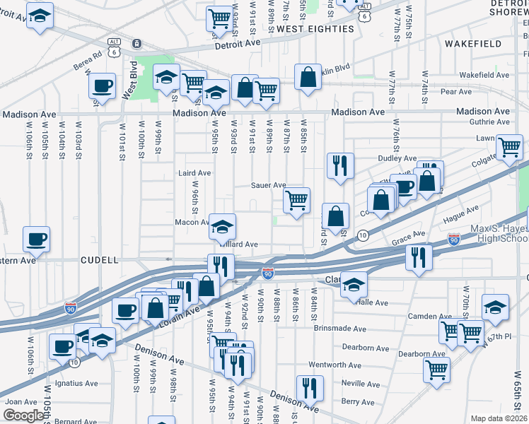 map of restaurants, bars, coffee shops, grocery stores, and more near 8812 Tompkins Avenue in Cleveland