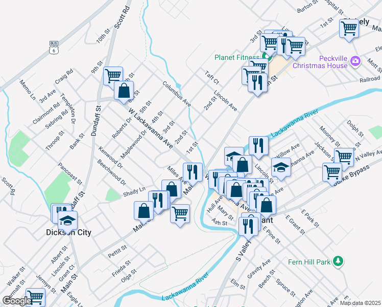 map of restaurants, bars, coffee shops, grocery stores, and more near 513 West Lacka Avenue in Dickson City