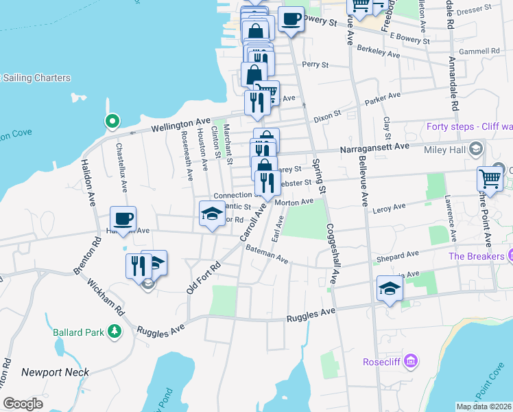 map of restaurants, bars, coffee shops, grocery stores, and more near 2 Atlantic Street in Newport