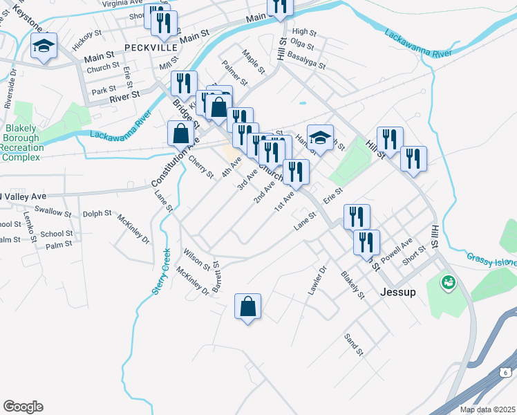 map of restaurants, bars, coffee shops, grocery stores, and more near 525 2nd Avenue in Jessup