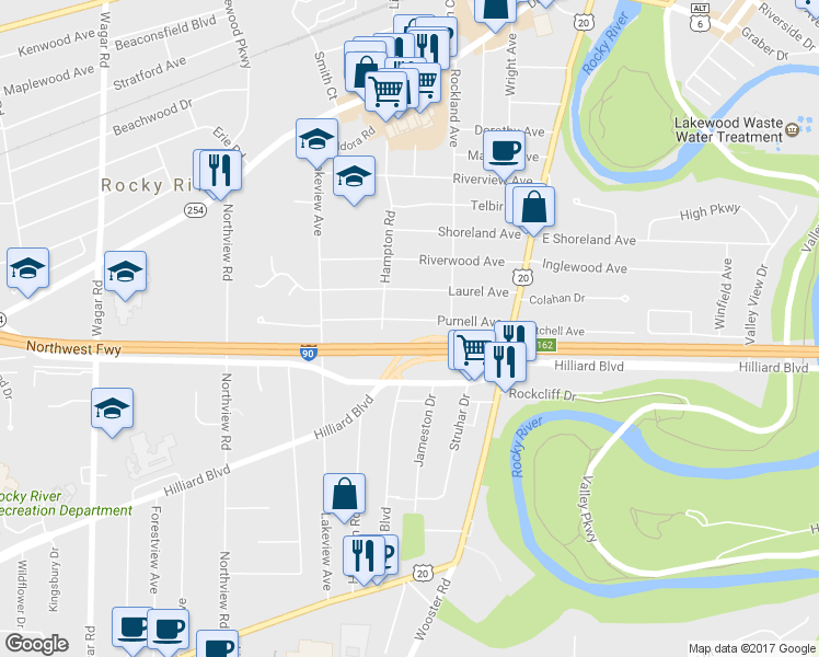 map of restaurants, bars, coffee shops, grocery stores, and more near 19689 Purnell Avenue in Rocky River