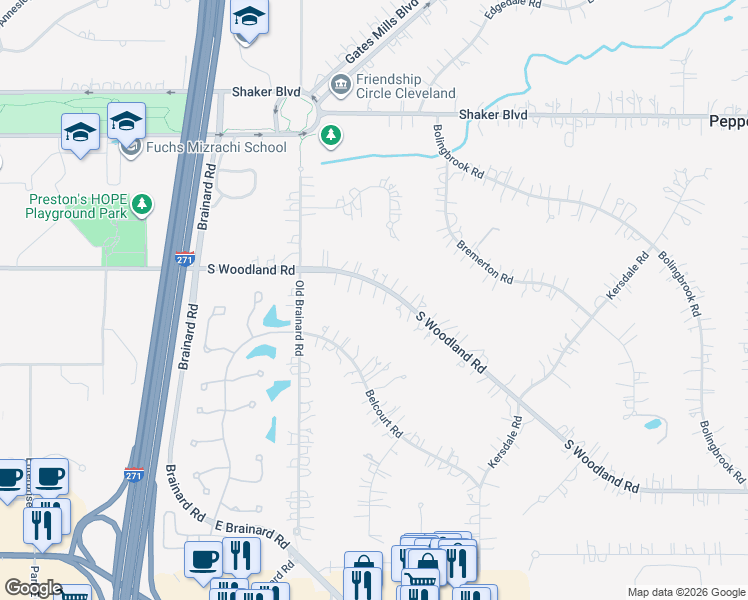 map of restaurants, bars, coffee shops, grocery stores, and more near 28100 South Woodland Road in Pepper Pike