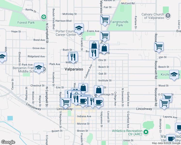 map of restaurants, bars, coffee shops, grocery stores, and more near 403 Michigan Avenue in Valparaiso