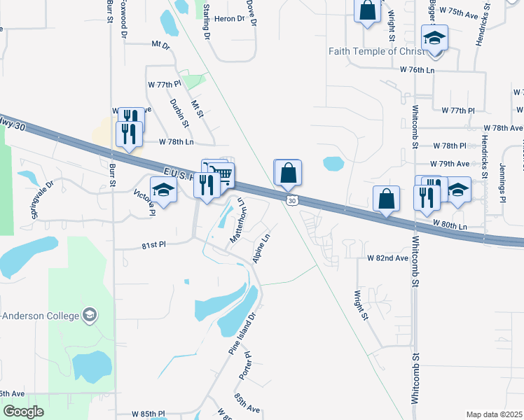 map of restaurants, bars, coffee shops, grocery stores, and more near 8018 Matterhorn Court in Crown Point