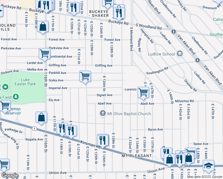 map of restaurants, bars, coffee shops, grocery stores, and more near 12610 Signet Avenue in Cleveland