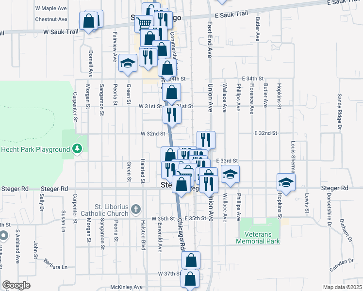 map of restaurants, bars, coffee shops, grocery stores, and more near 3234 Chicago Road in Steger
