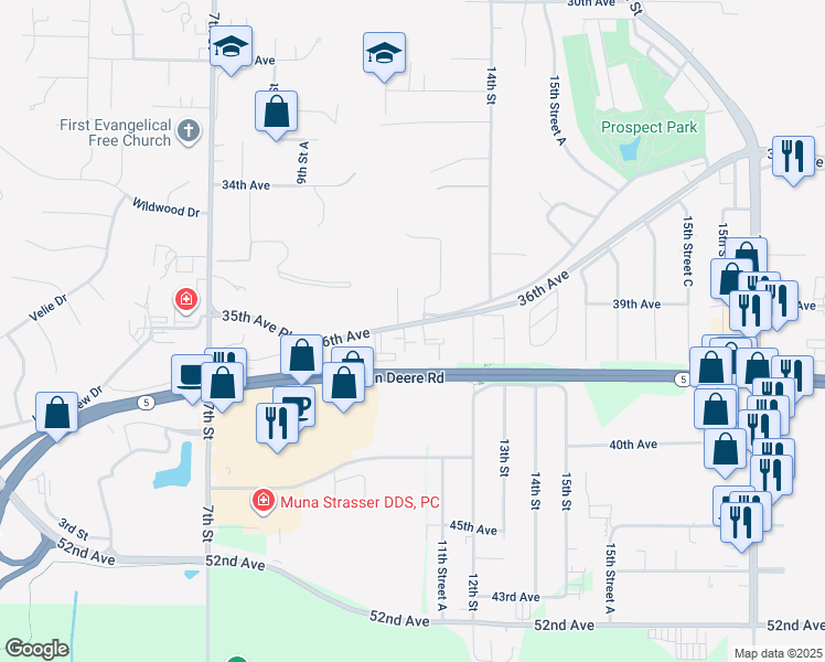 map of restaurants, bars, coffee shops, grocery stores, and more near 1200 36th Avenue in Moline