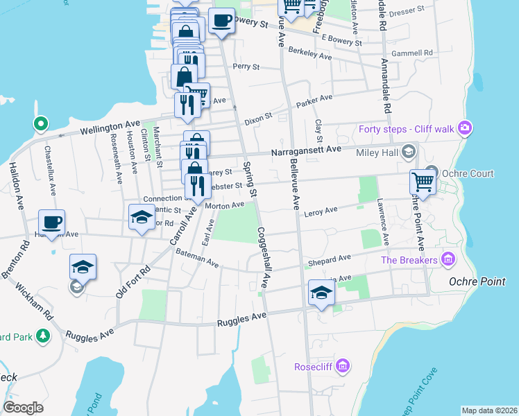 map of restaurants, bars, coffee shops, grocery stores, and more near 6 Howe Avenue in Newport