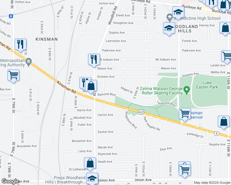 map of restaurants, bars, coffee shops, grocery stores, and more near 9517 Ramona Boulevard in Cleveland