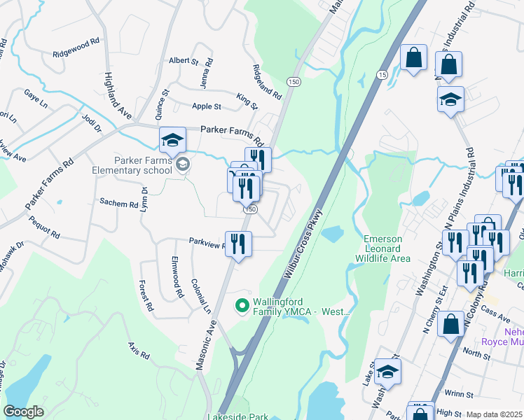 map of restaurants, bars, coffee shops, grocery stores, and more near 15 Hosford Bridge Road in Wallingford