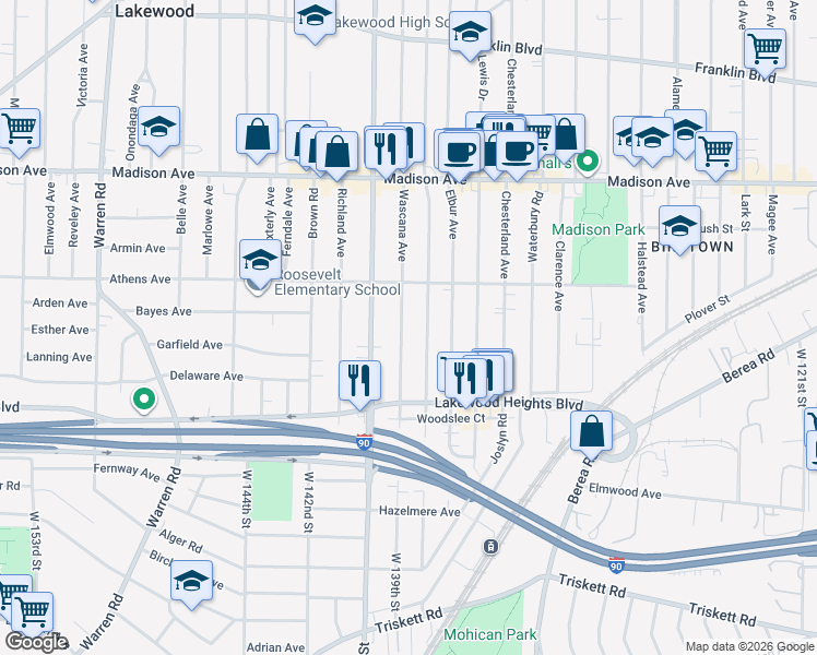map of restaurants, bars, coffee shops, grocery stores, and more near 2179 Wyandotte Avenue in Lakewood