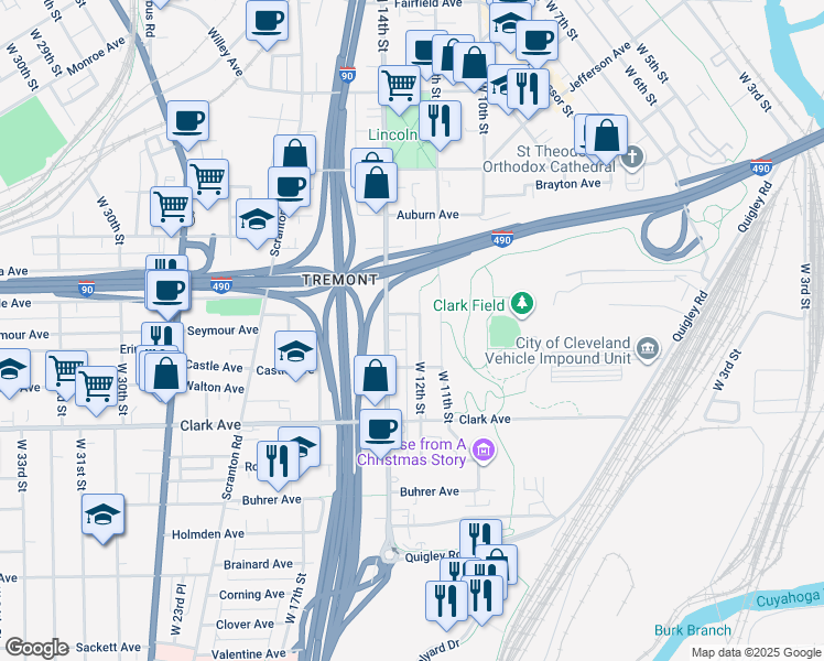 map of restaurants, bars, coffee shops, grocery stores, and more near 2902 West 12th Street in Cleveland
