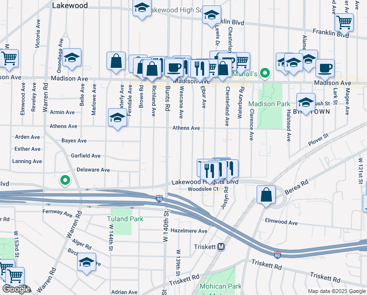 map of restaurants, bars, coffee shops, grocery stores, and more near 2155 Wascana Avenue in Lakewood