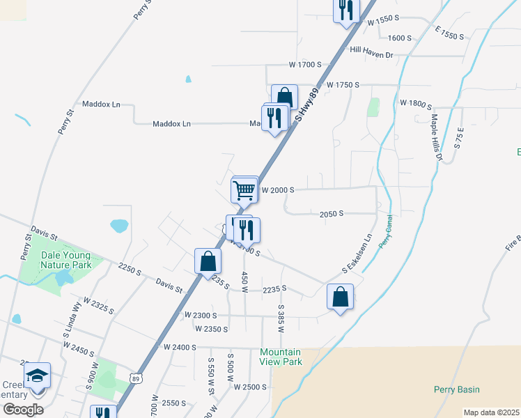 map of restaurants, bars, coffee shops, grocery stores, and more near 411 West 2000 South in Perry