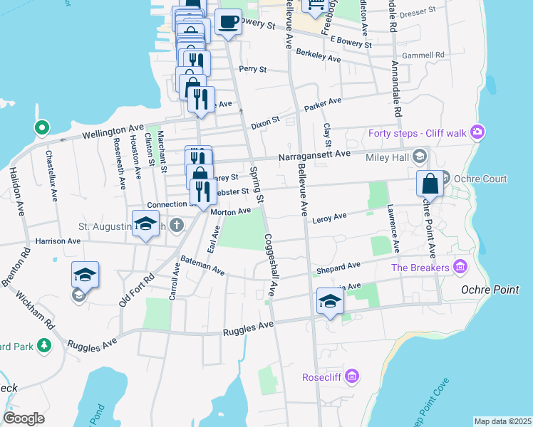 map of restaurants, bars, coffee shops, grocery stores, and more near 459 Bellevue Avenue in Newport