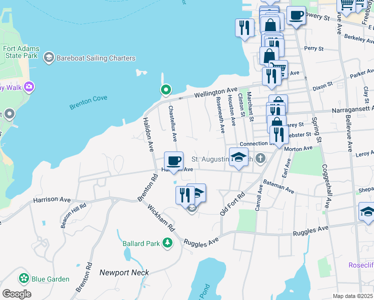 map of restaurants, bars, coffee shops, grocery stores, and more near 34 Chastellux Avenue in Newport