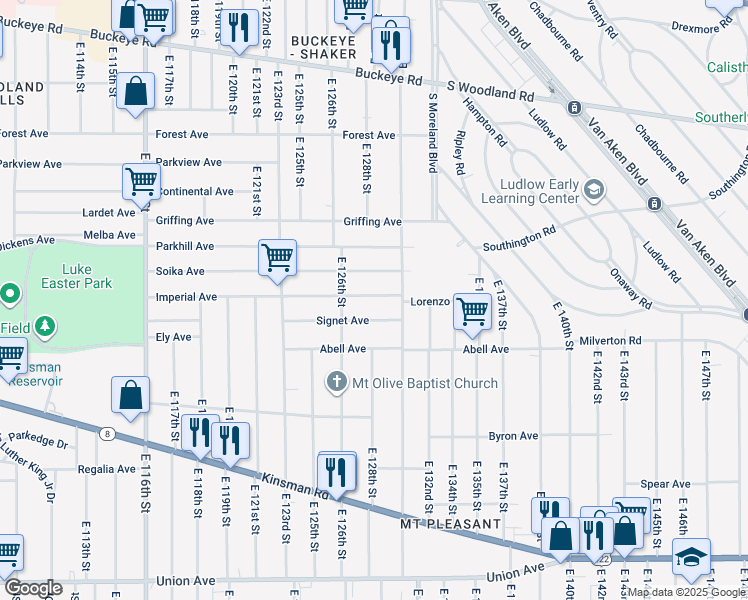 map of restaurants, bars, coffee shops, grocery stores, and more near 12900 Signet Avenue in Cleveland