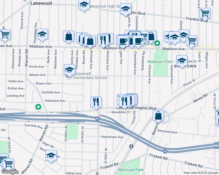 map of restaurants, bars, coffee shops, grocery stores, and more near 2179 Wyandotte Avenue in Lakewood