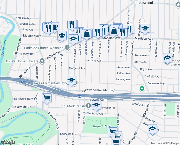 map of restaurants, bars, coffee shops, grocery stores, and more near 2183 Carabel Avenue in Lakewood