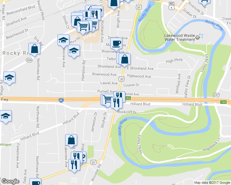 map of restaurants, bars, coffee shops, grocery stores, and more near 19347 Purnell Avenue in Rocky River