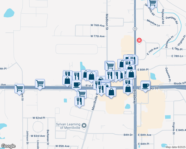 map of restaurants, bars, coffee shops, grocery stores, and more near 600 81st Avenue in Merrillville