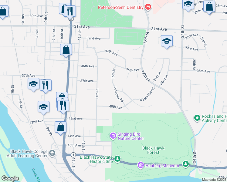 map of restaurants, bars, coffee shops, grocery stores, and more near 24 Woodley Road in Rock Island