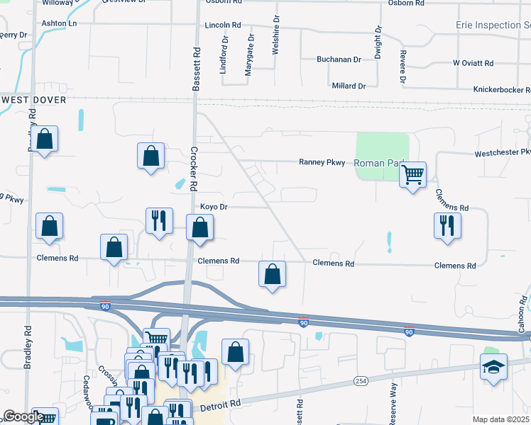 map of restaurants, bars, coffee shops, grocery stores, and more near 1034 Bassett Road in Westlake