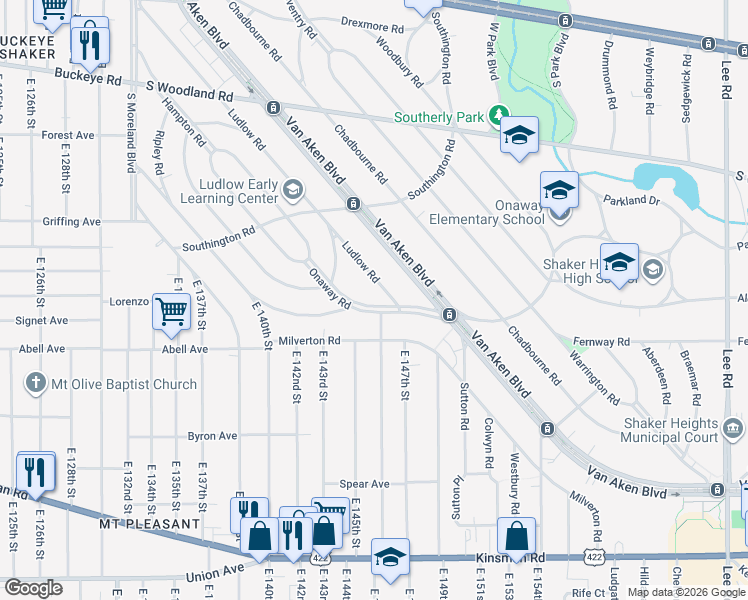 map of restaurants, bars, coffee shops, grocery stores, and more near 14420 Onaway Road in Shaker Heights