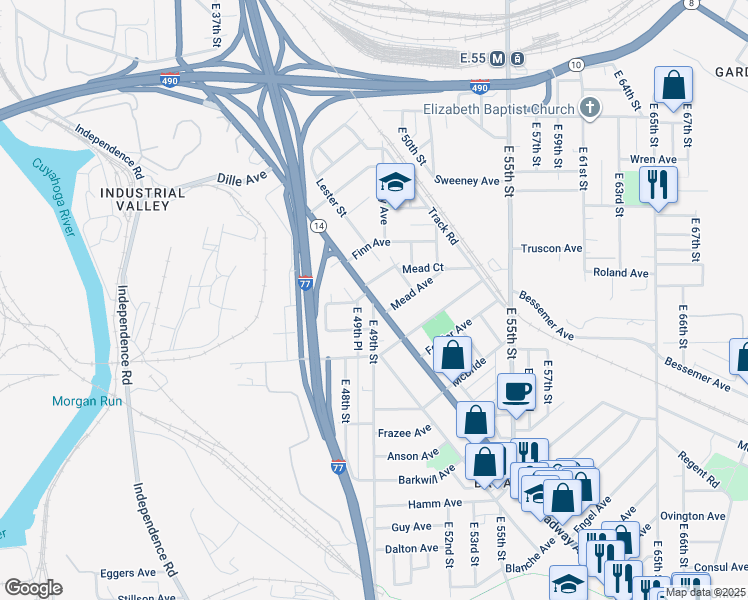 map of restaurants, bars, coffee shops, grocery stores, and more near Broadway Avenue in Cuyahoga Heights