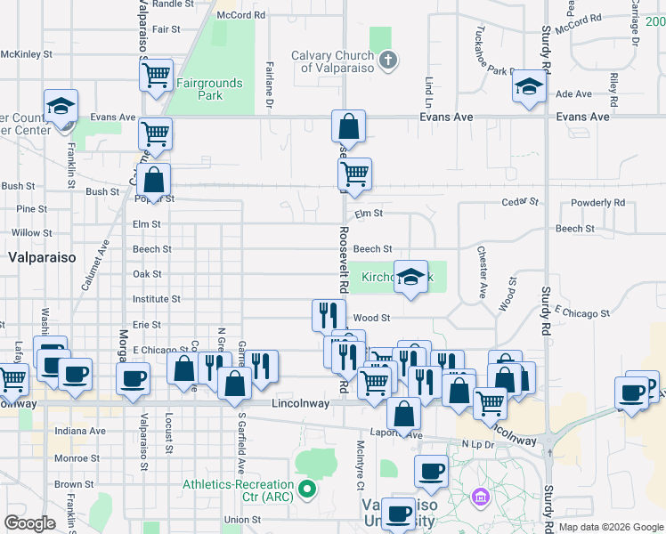 map of restaurants, bars, coffee shops, grocery stores, and more near 1115 Institute Street in Valparaiso