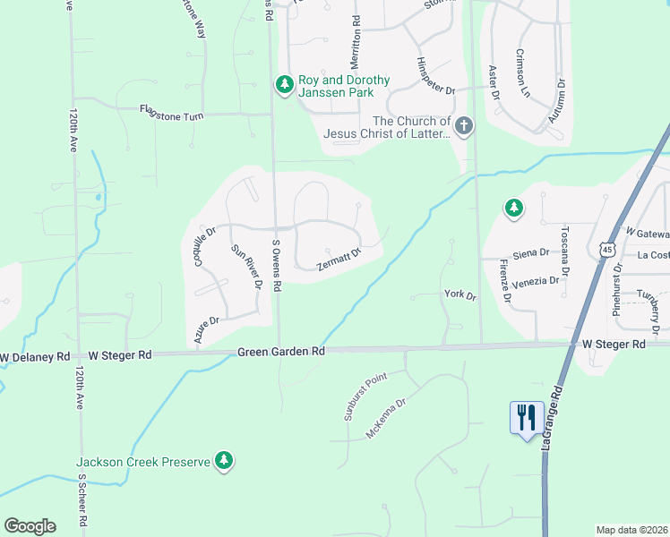map of restaurants, bars, coffee shops, grocery stores, and more near 11495 Zermatt Drive in Frankfort