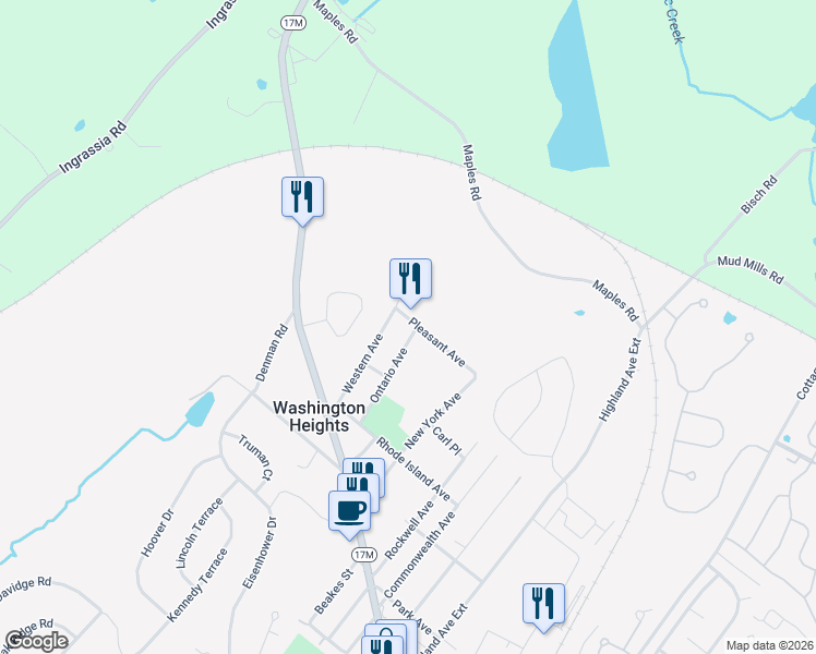 map of restaurants, bars, coffee shops, grocery stores, and more near 38 Ontario Avenue in Middletown