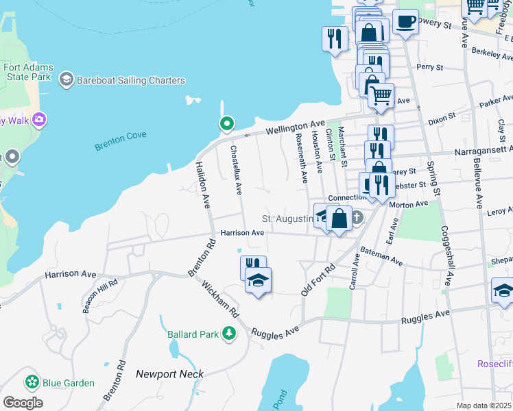 map of restaurants, bars, coffee shops, grocery stores, and more near 34 Chastellux Avenue in Newport