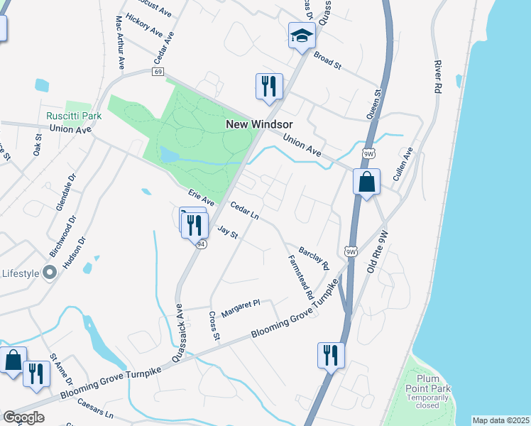map of restaurants, bars, coffee shops, grocery stores, and more near 20 Cedar Lane in New Windsor