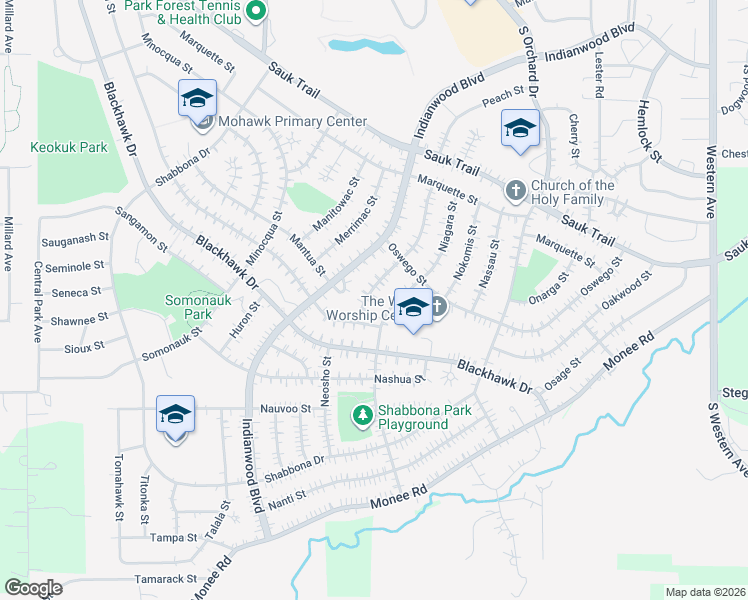 map of restaurants, bars, coffee shops, grocery stores, and more near 348 Neola Street in Park Forest