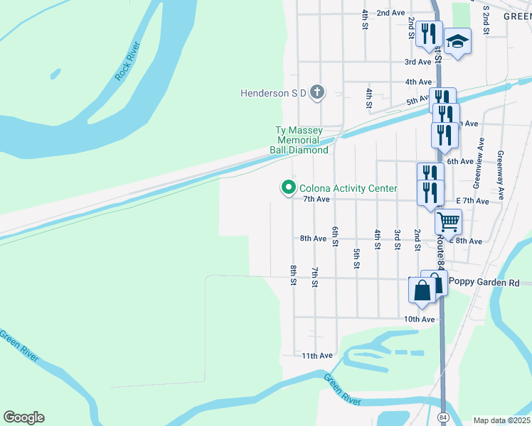 map of restaurants, bars, coffee shops, grocery stores, and more near 701 9th Street in Colona